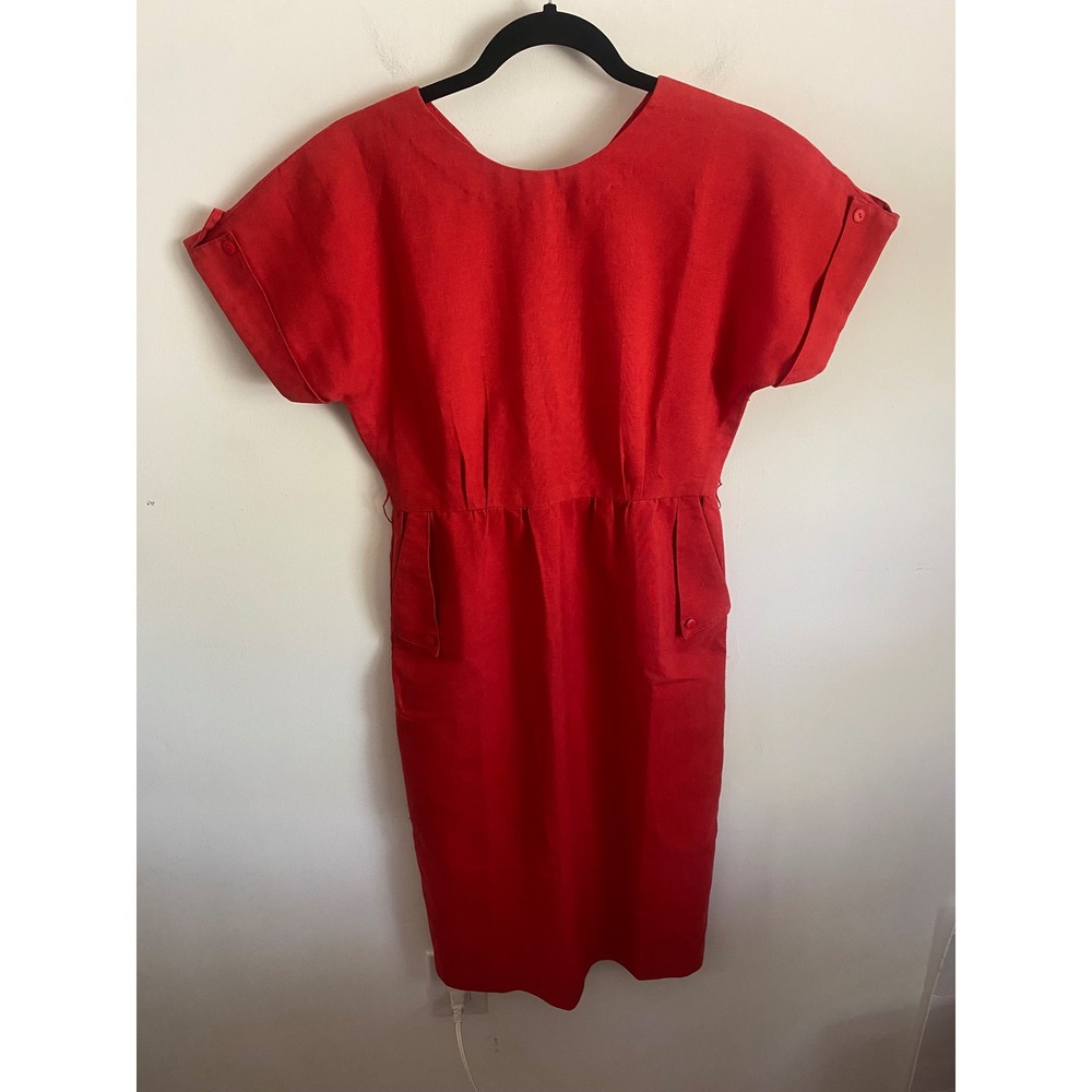 Vintage Red Midi Dress Cuffed Short Sleeve Pocketed Rockabilly Retro Red